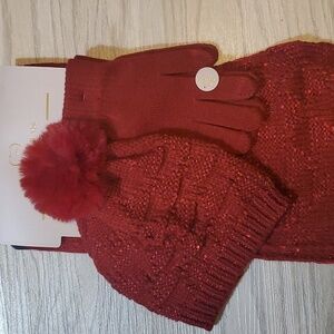 Couture Gems Burgandy Scarf, Gloves & Hat Set- OS-